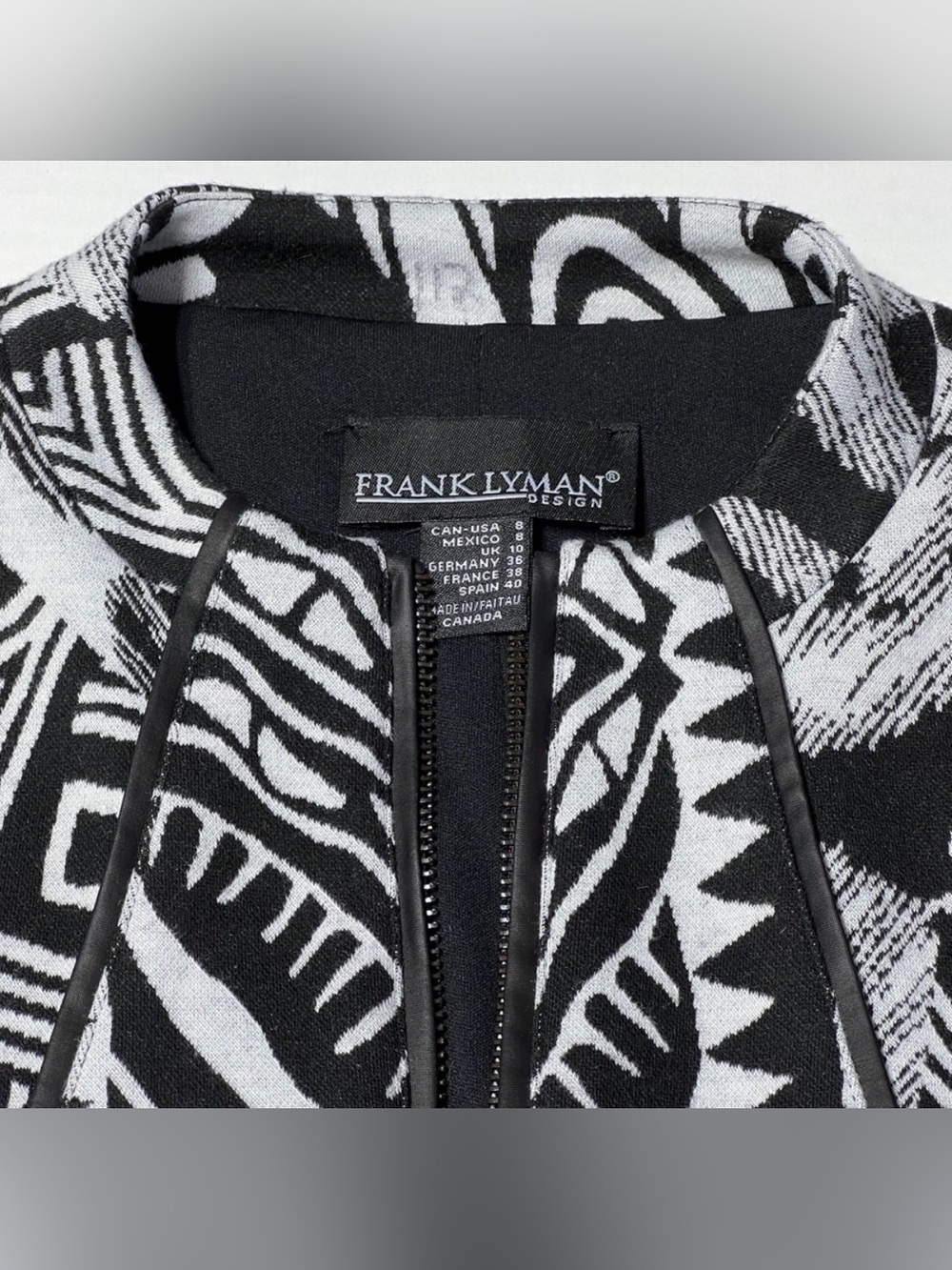 Frank Lyman Design Black White Ikat Faux Leather Knit Blazer Jacket Size 8 - Picture 12 of 16